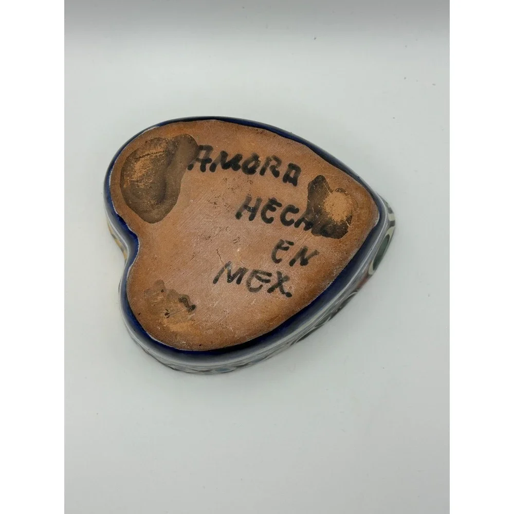 Amora Talavera Pottery Heart Trinket Box Hand Painted Floral Mexican Folk‎ Art